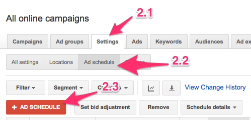 Creating a new ad schedule in Google Adwords
