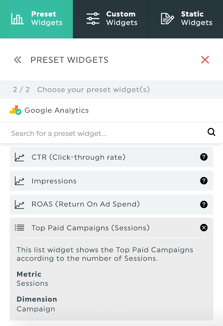 Preset KPI widgets