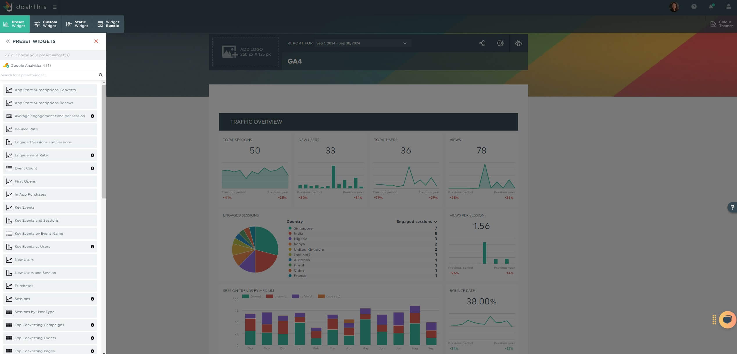 Create report with preset metrics and dimensions