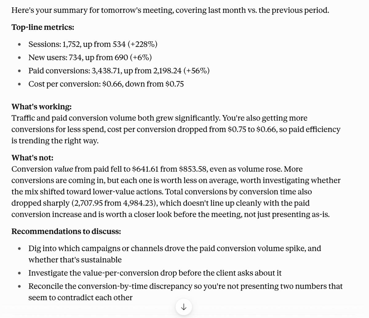 pre meeting summary with dashthis mcp