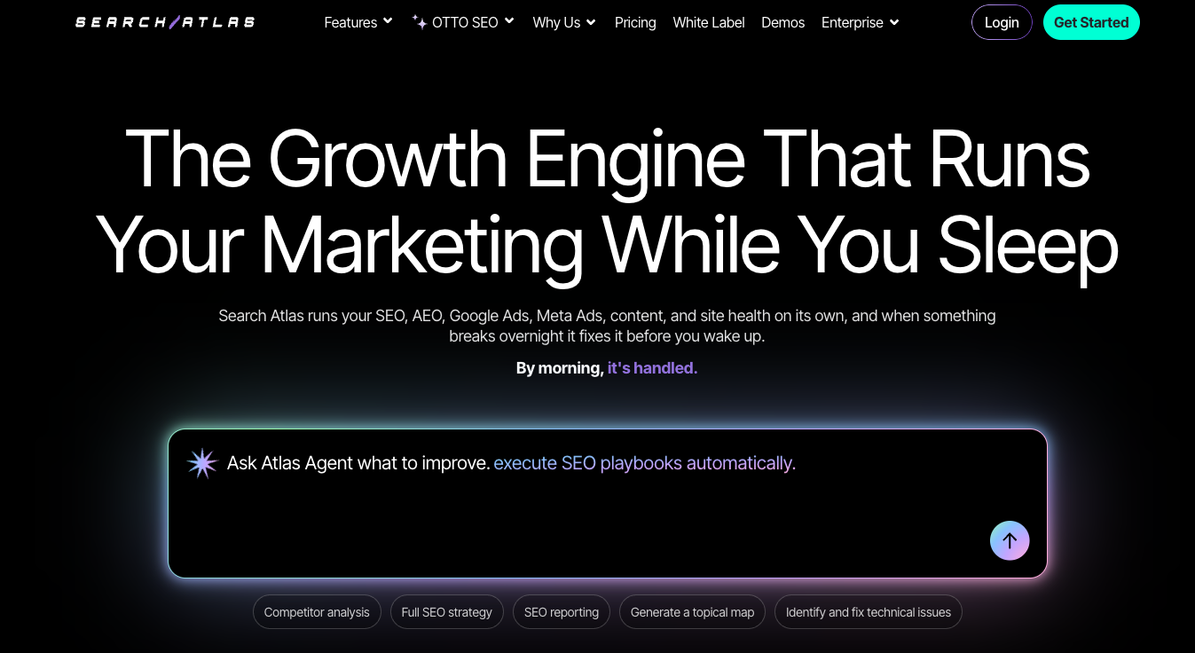Search Atlas homepage promoting its growth engine that runs SEO, AEO and ads automatically