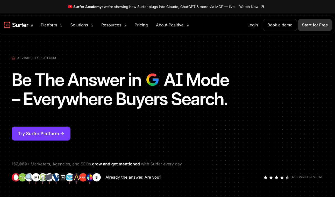 Surfer homepage positioning the platform as an AI visibility tool for Google AI Mode