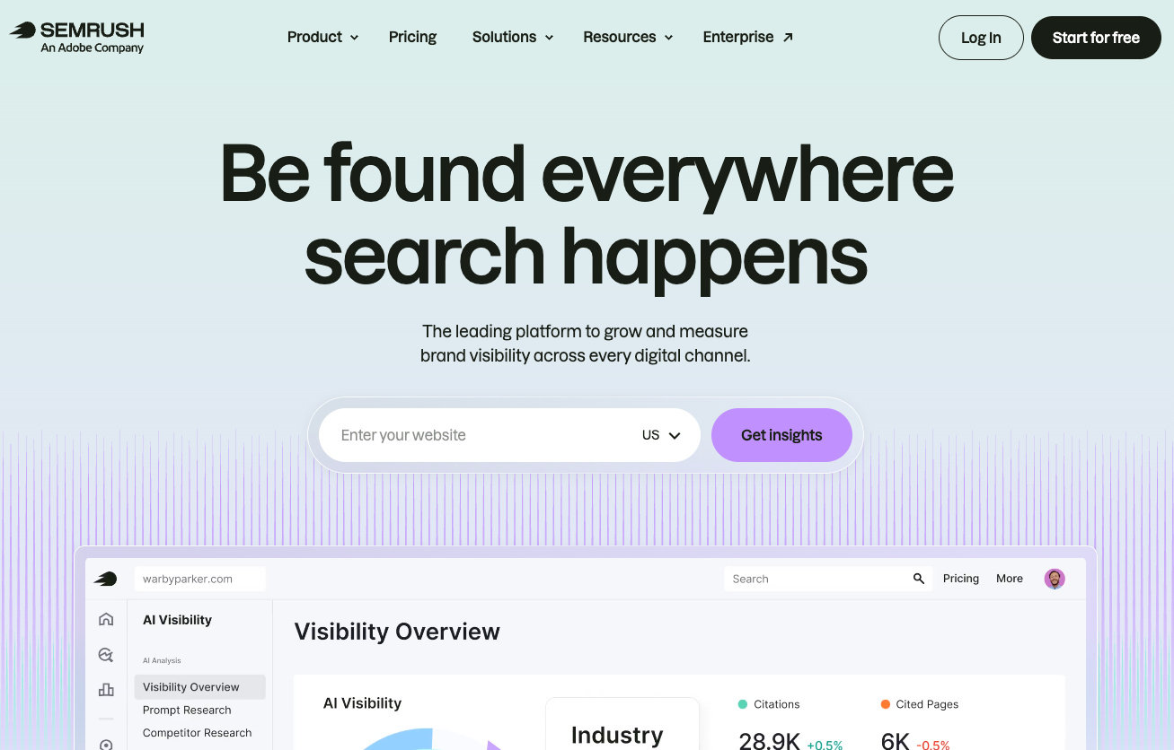 Semrush homepage showing its AI Visibility Overview with brand mentions and citations
