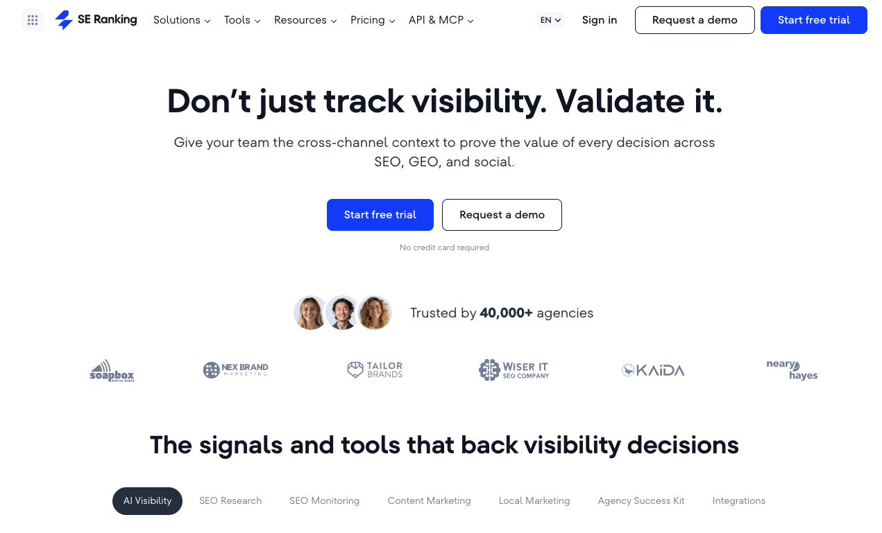 SE Ranking homepage offering cross-channel visibility validation across SEO, GEO and social