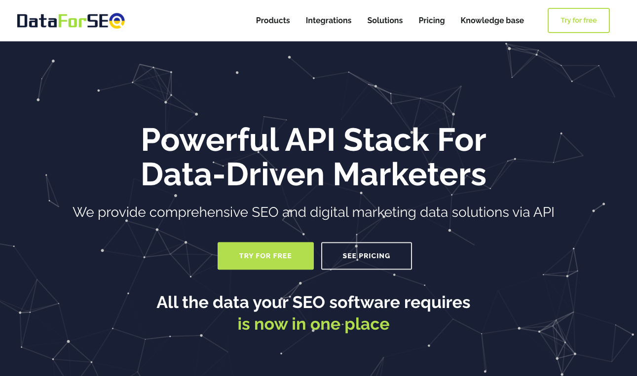 DataForSEO homepage presenting its SEO and marketing data API stack