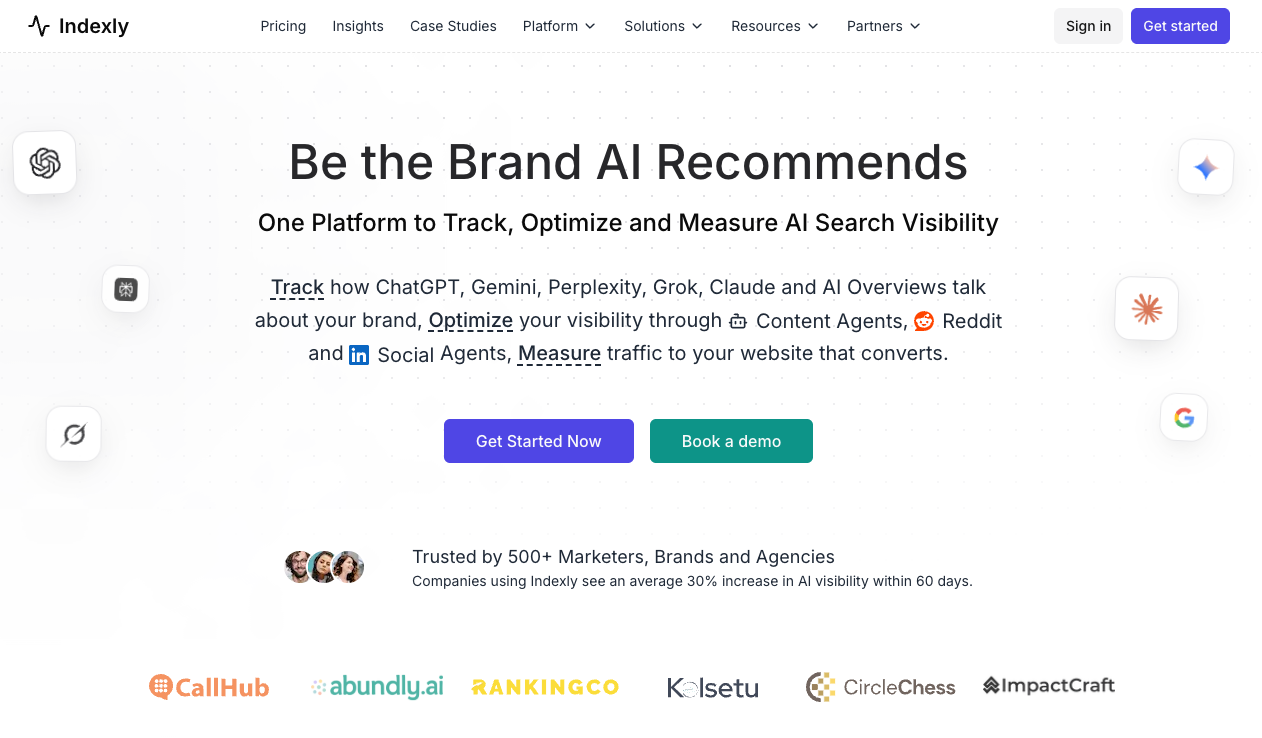 Indexly homepage showing AI search visibility tracking across ChatGPT, Gemini and Perplexity