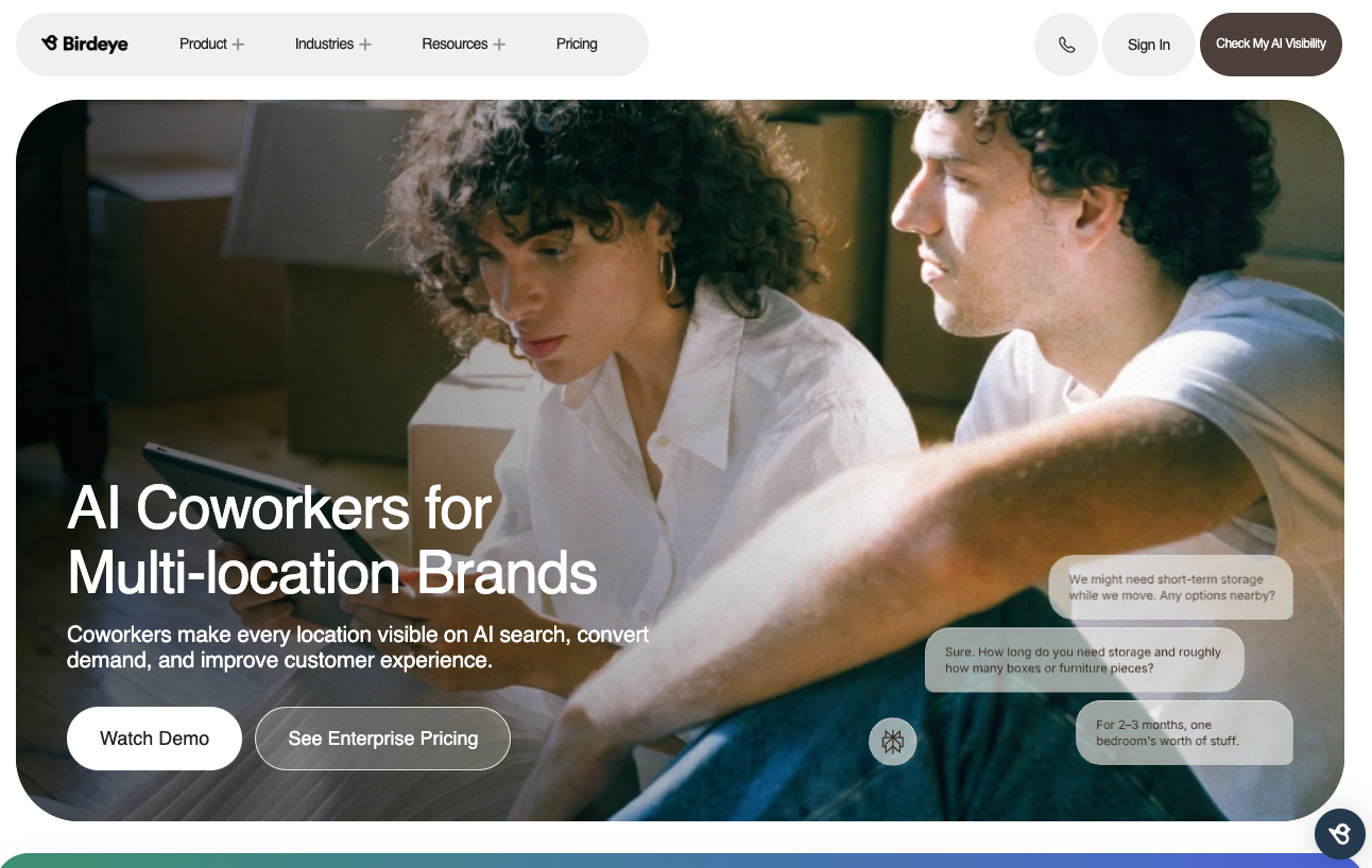 Birdeye homepage promoting AI coworkers that make every location visible in AI search